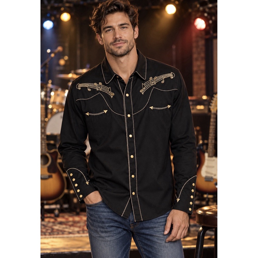 Scully Western Shirt Mens 3XL Black Pearl Snap Music Notes EmbroideredGold Rodeo